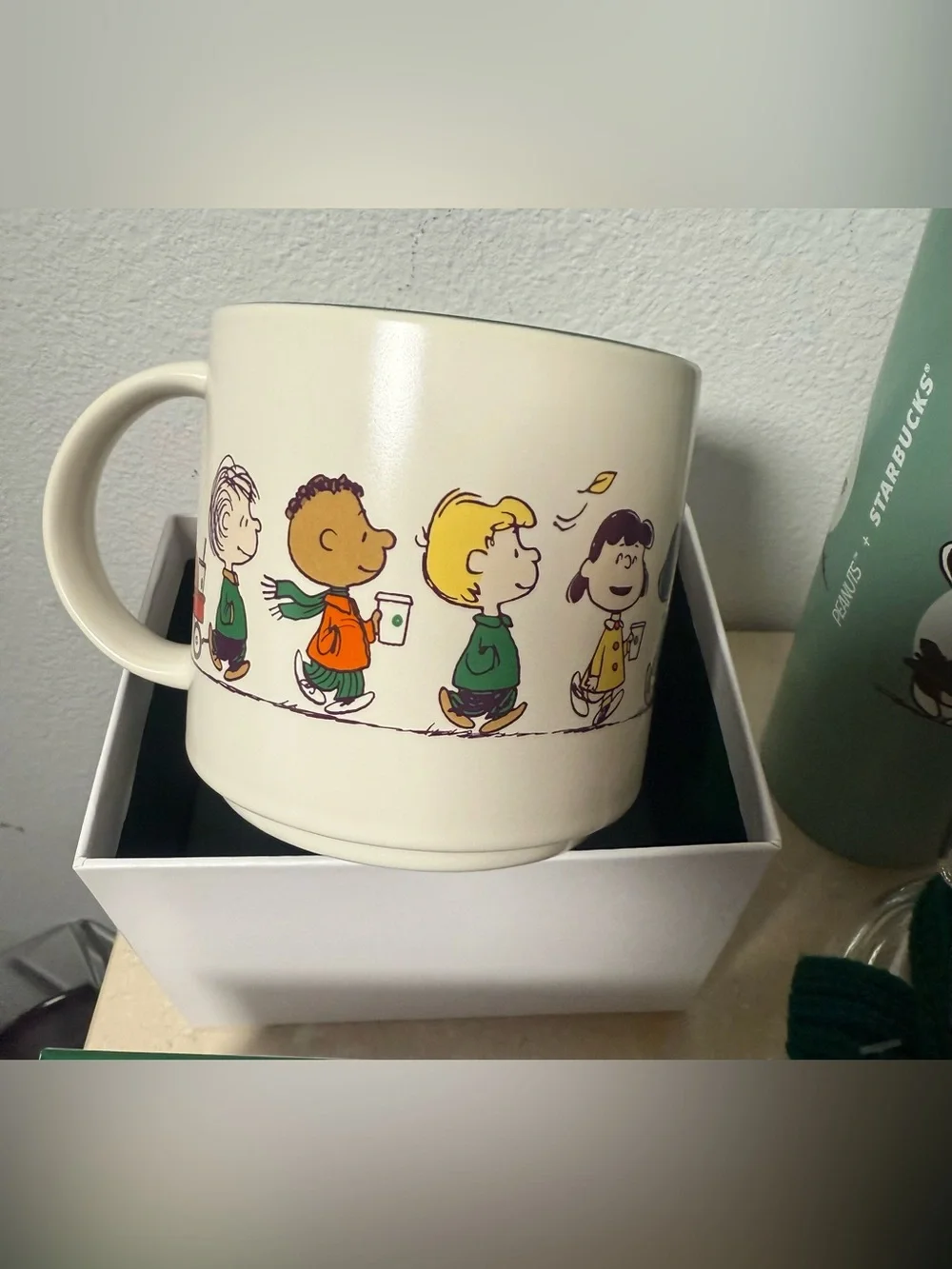(3) Starbucks, Snoopy glass cold cup, stainless steel cold cup, & ceramic mug.
